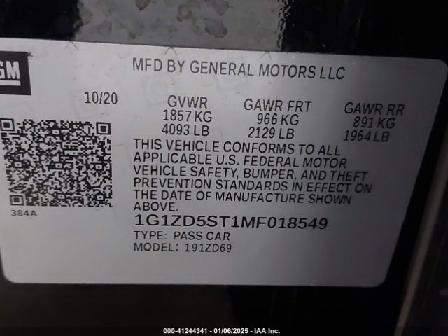 1G1ZD5ST1MF018549 Chevrolet Malibu Fwd Lt