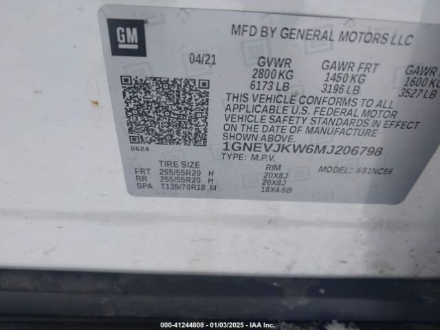 1GNEVJKW6MJ206798 Chevrolet Traverse Awd Rs