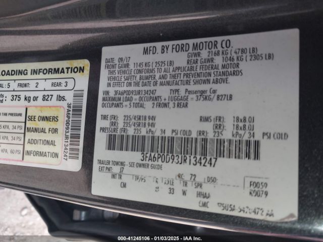 3FA6P0D93JR134247 Ford Fusion Titanium