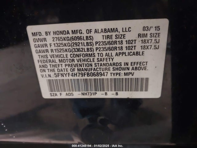 Honda Pilot Ex-l 2015 5FNYF4H79FB068947 Image 9