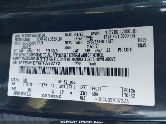 1FTEW1EF6FFA98772 Ford F-150 Lariat