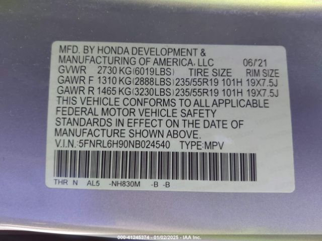 5FNRL6H90NB024540 Honda Odyssey Elite