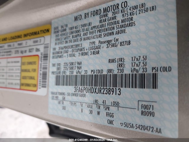 Ford FUSION SE 2018 3FA6P0HDXJR238913 Image 9