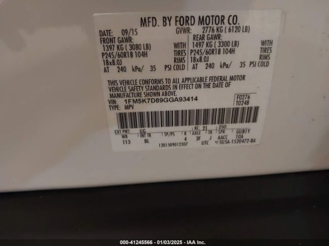 1FM5K7D89GGA93414 Ford EXPLORER XLT