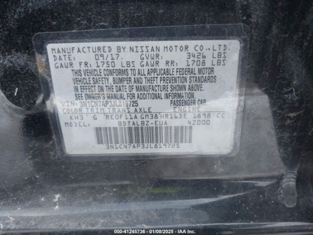 3N1CN7AP3JL819725 Nissan Versa 1.6 Sv
