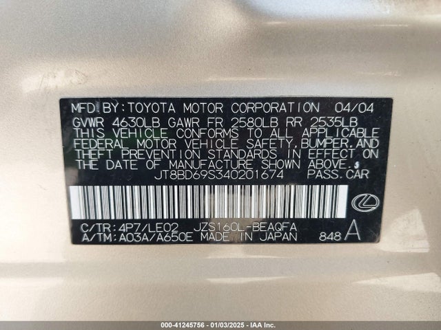 2004 Lexus Gs 300 მანქანა იყიდება აუქციონზე, vin: JT8BD69S340201674, აუქციონის ნომერი: 41245756