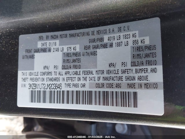 3MZBN1U72JM203846 Mazda Mazda3 Sport