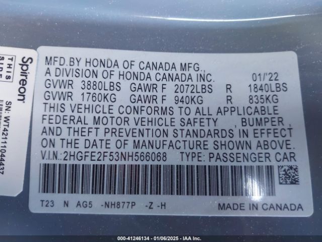 2HGFE2F53NH566068 Honda Civic Sport