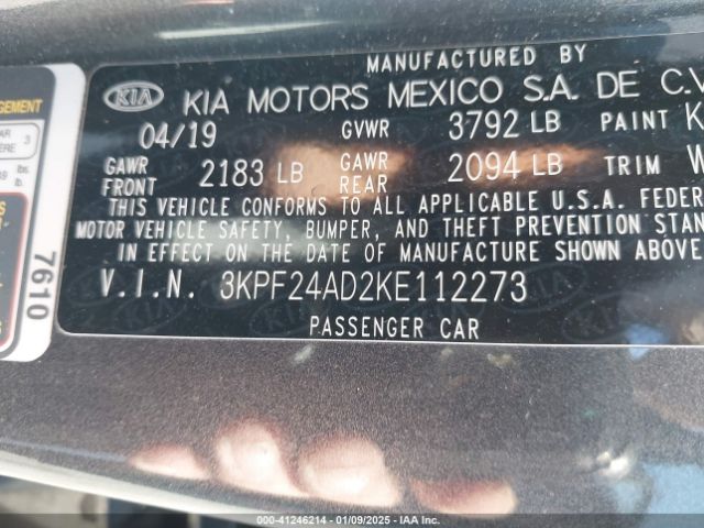 3KPF24AD2KE112273 KIA Forte Lxs