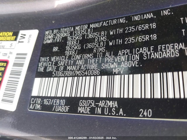 5TDGZRBH7MS540086 Toyota Highlander Xle