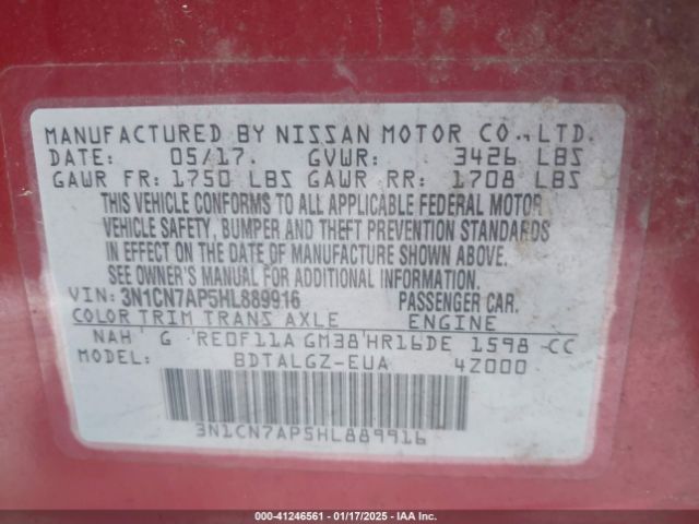 3N1CN7AP5HL889916 Nissan Versa 1.6 Sl
