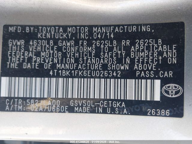 4T1BK1FK6EU026342 Toyota Camry Xle V6