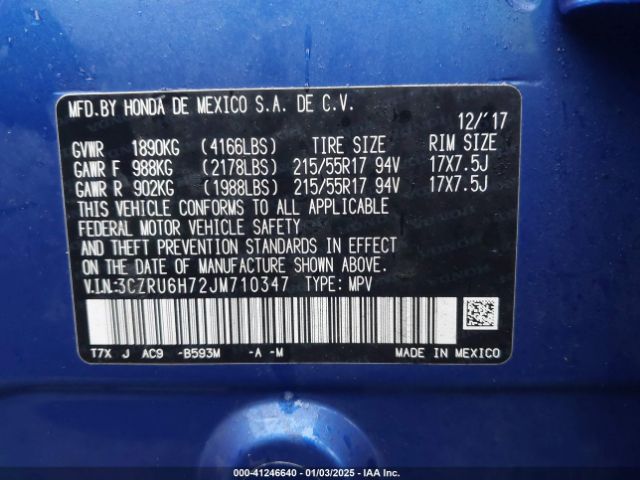 3CZRU6H72JM710347 Honda Hr-v Ex-l