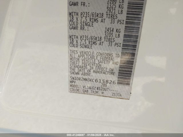 5N1DR2MN3KC615826 Nissan Pathfinder Sl