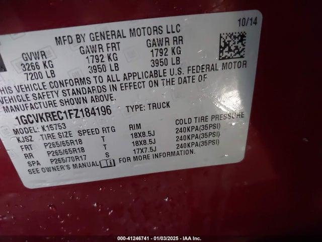 1GCVKREC1FZ184196 Chevrolet Silverado 1500 2lt