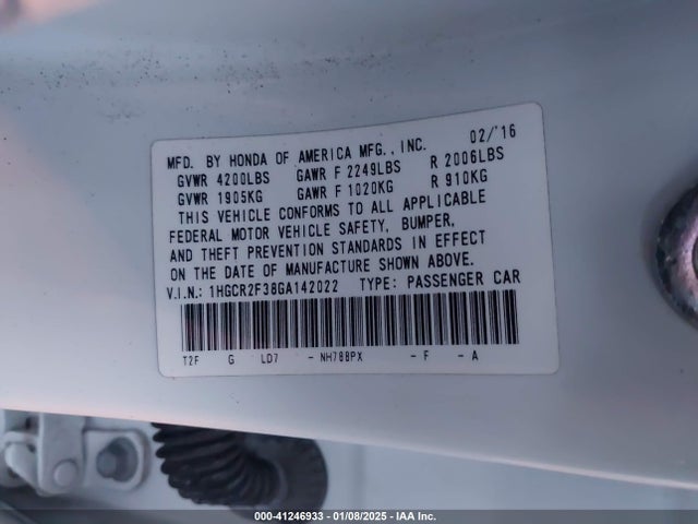1HGCR2F38GA142022 Honda ACCORD LX