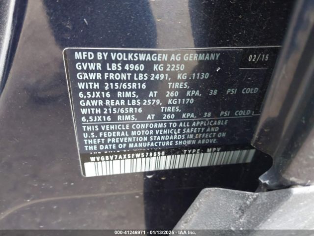 WVGBV7AX5FW579650 Volkswagen TIGUAN S