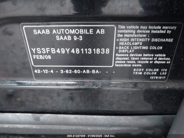 2008 SAAB 9-3 YS3FB49Y481131838 Photo 8