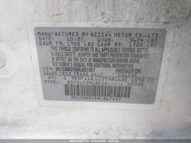 3N1CN8DV5NL867457 Nissan Versa 1.6 S Xtronic Cvt
