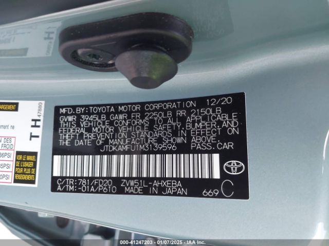 JTDKAMFU1M3139596 Toyota Prius Le