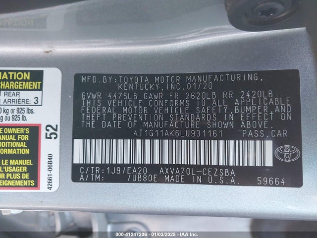 Toyota CAMRY SE 2020 4T1G11AK6LU931161 Image 9