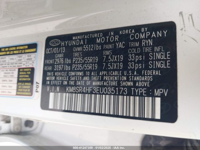 KM8SR4HF3EU035173 Hyundai Santa Fe Limited