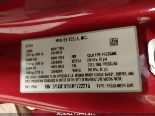 5YJ3E1EB8RF722216 Tesla Model 3 Long Range Dual Motor All-wheel Drive