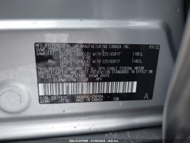 2T3MWRFV7NW129508 Toyota Rav4 Hybrid Le