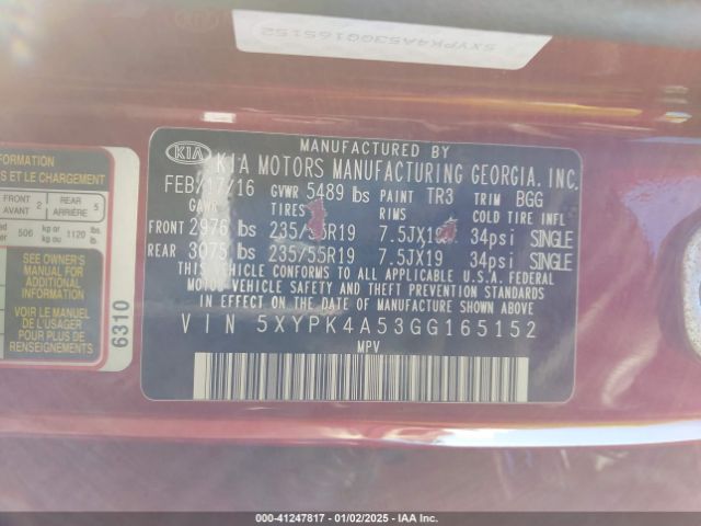 5XYPK4A53GG165152 KIA Sorento 3.3l Sx