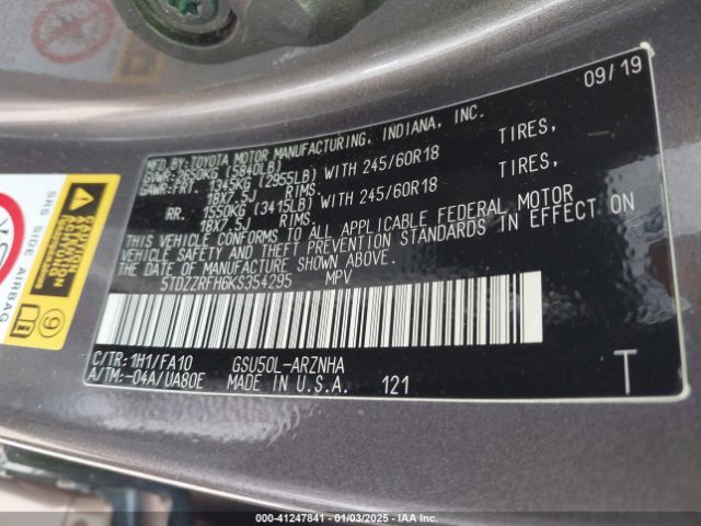 5TDZZRFH6KS354295 Toyota Highlander Le Plus