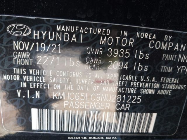 KMHC65LC9NU281225 Hyundai Ioniq Hybrid Blue