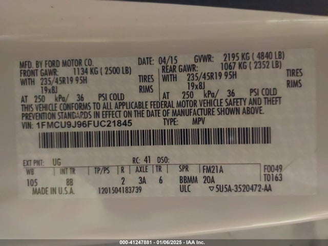 Ford Escape Titanium 2015 1FMCU9J96FUC21845 Image 9