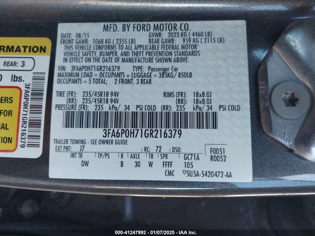Ford FUSION SE 2016 3FA6P0H71GR216379 Image 9