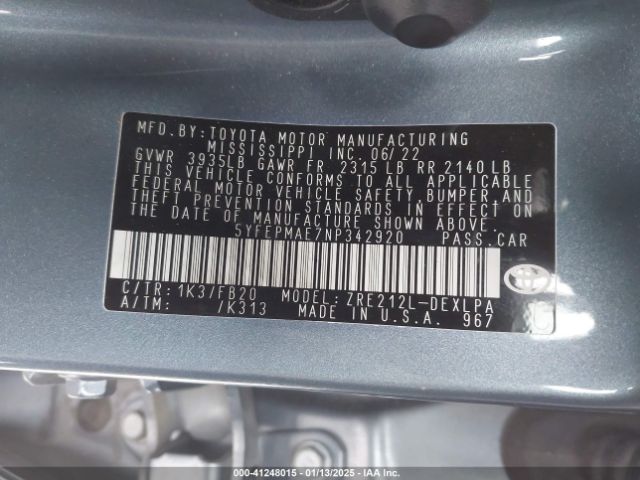 5YFEPMAE7NP342920 Toyota COROLLA LE