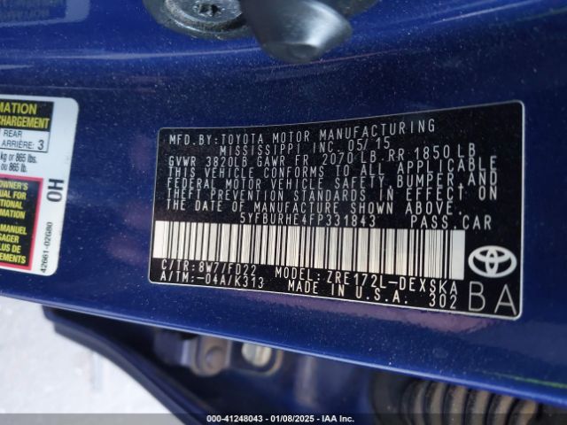 5YFBURHE4FP331843 Toyota Corolla L/le/le Pls/prm/s/s Pls