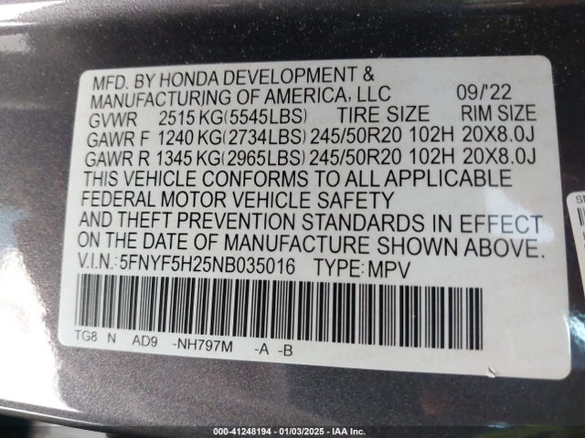 Honda Pilot 2wd Special Edition 2022 5FNYF5H25NB035016 Image 9