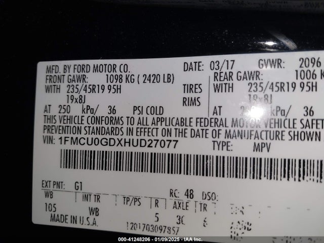 Ford ESCAPE SE 2017 1FMCU0GDXHUD27077 Image 9