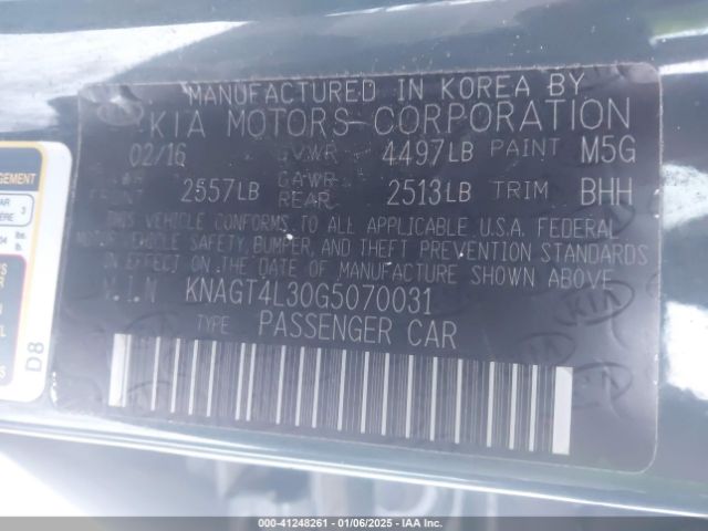 KNAGT4L30G5070031 KIA Optima Lx