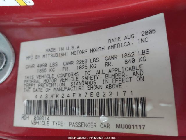 2007 MITSUBISHI ECLIPSE 4A3AK24FX7E022171 Photo 8