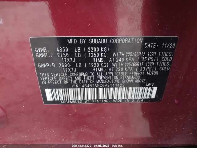 4S4BTAFC6M3141422 Subaru Outback Premium