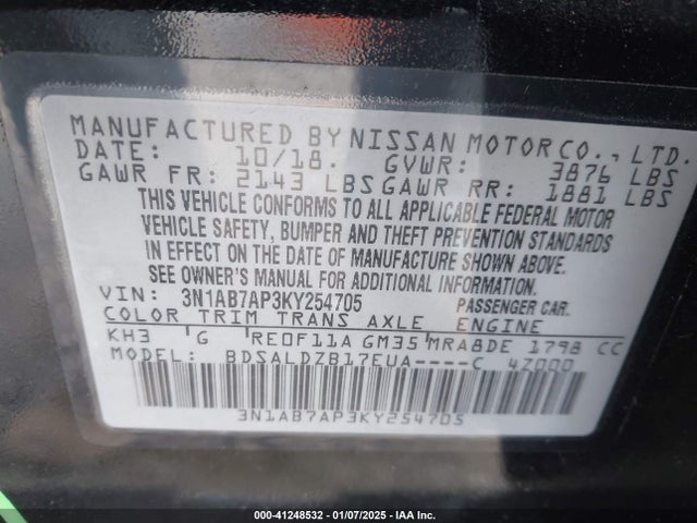 Nissan SENTRA SV 2019 3N1AB7AP3KY254705 Image 9