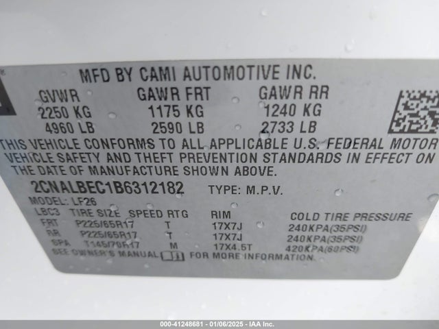 41248681 :رقم المزاد ، 2CNALBEC1B6312182 vin ، 2011 Chevrolet Equinox Ls مزاد بيع