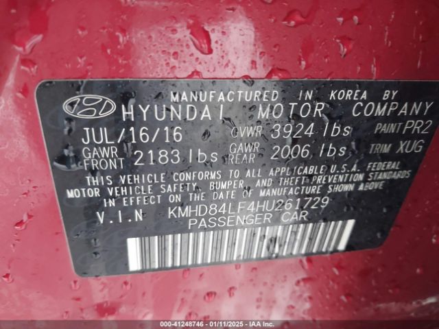 KMHD84LF4HU261729 Hyundai Elantra Value Edition