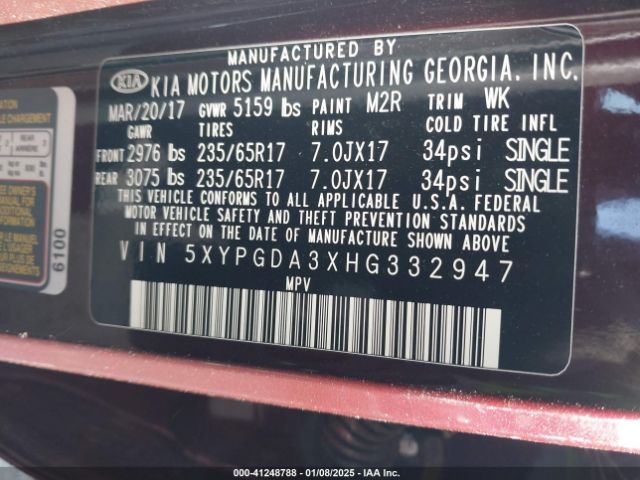 5XYPGDA3XHG332947 KIA Sorento 2.4l Lx