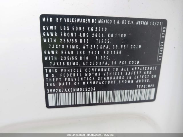 3VV2B7AX9NM029204 Volkswagen Tiguan 2.0t Se