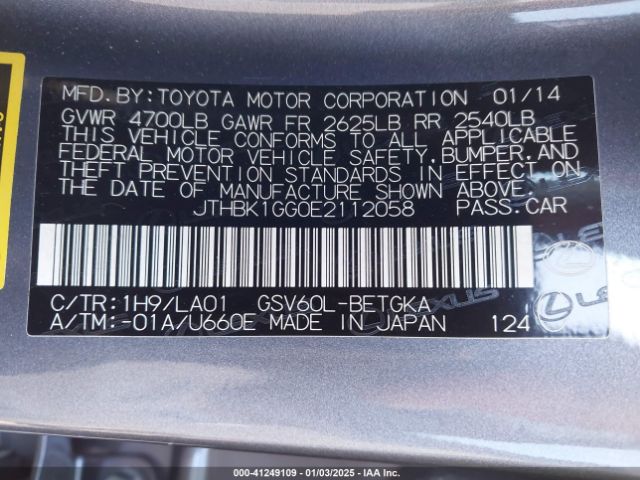JTHBK1GG0E2112058 Lexus ES 350