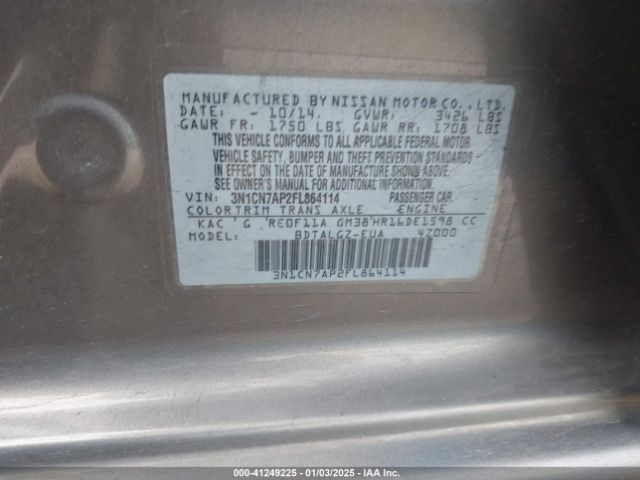 3N1CN7AP2FL864114 Nissan Versa 1.6 Sl
