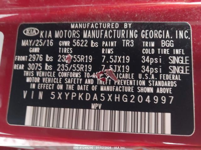 5XYPKDA5XHG204997 KIA Sorento 3.3l Sx