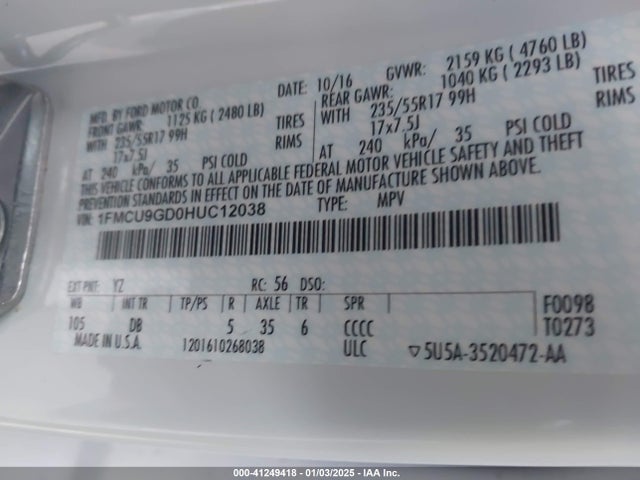 Ford ESCAPE SE 2017 1FMCU9GD0HUC12038 Image 9