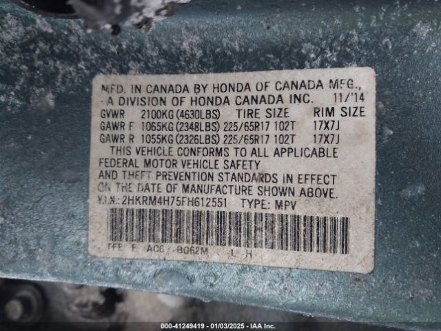 2HKRM4H75FH612551 Honda Cr-v Ex-l